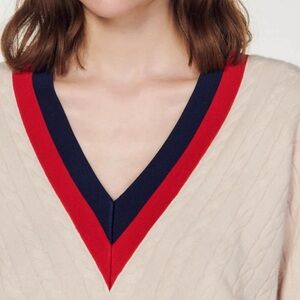 Sandro V-Neck Sweater in White with Red and Blue Trim